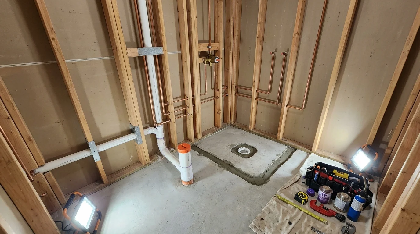 Bathroom rough-in plumbing during remodel by Johns Plumbing LLC in North Apollo