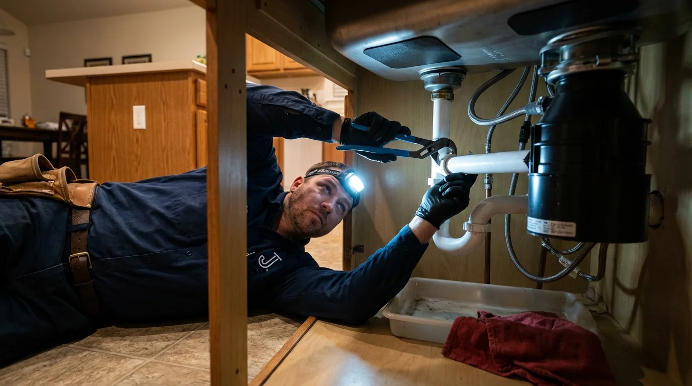 P-trap and supply line connections under a kitchen sink showing a common leak point in North Apollo, PA